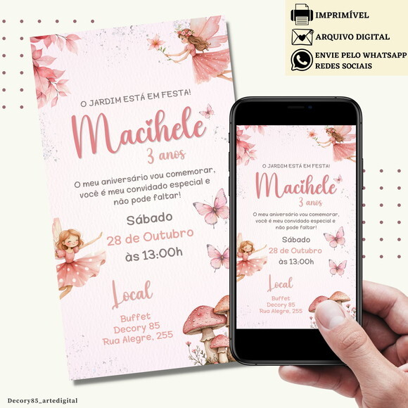 Convite Fadas Rosa Jardim Encantado Virtual Digital