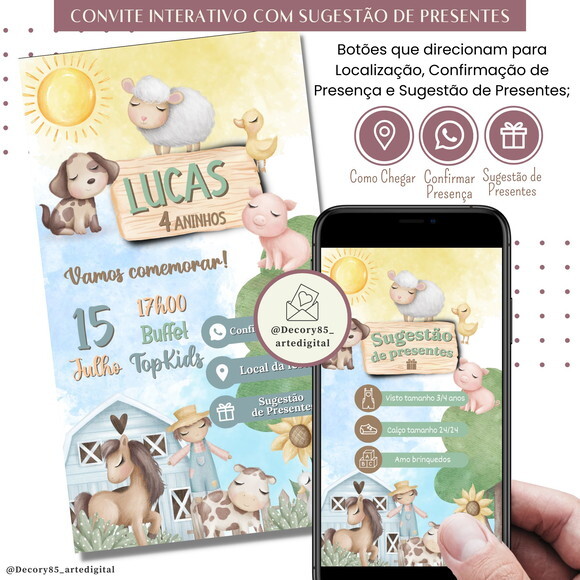 Convite Fazendinha Bichinhos Digital Sugestão de Presente