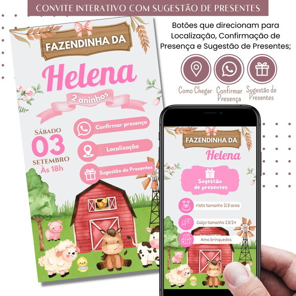 Convite Fazendinha Digital Interativo Sugestão de Presente