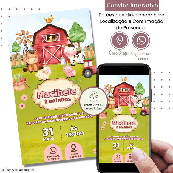 Convite Fazendinha Menina Bichinhos Digital Interativo