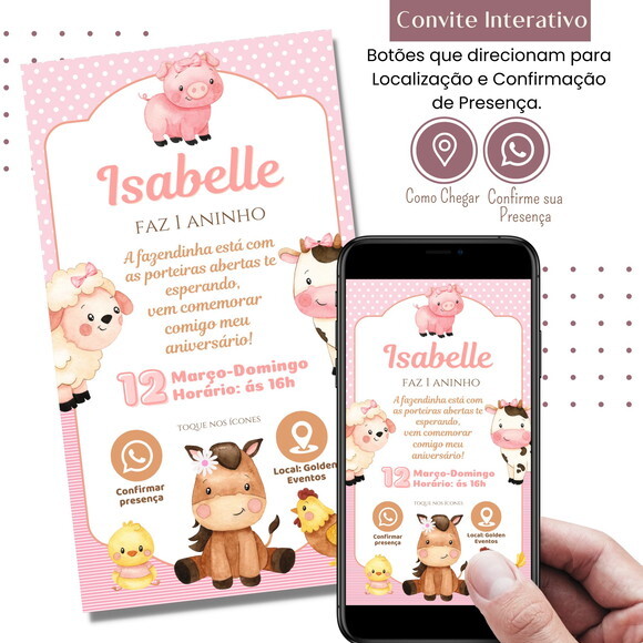 Convite Fazendinha Menina Bichinhos Digital Interativo