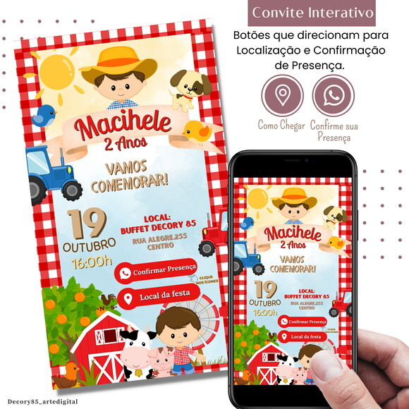 Convite Fazendinha Menino Digital Interativo Virtual