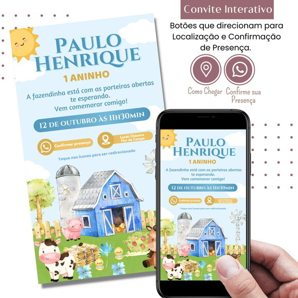 Convite Fazendinha Menino Digital Interativo Virtual