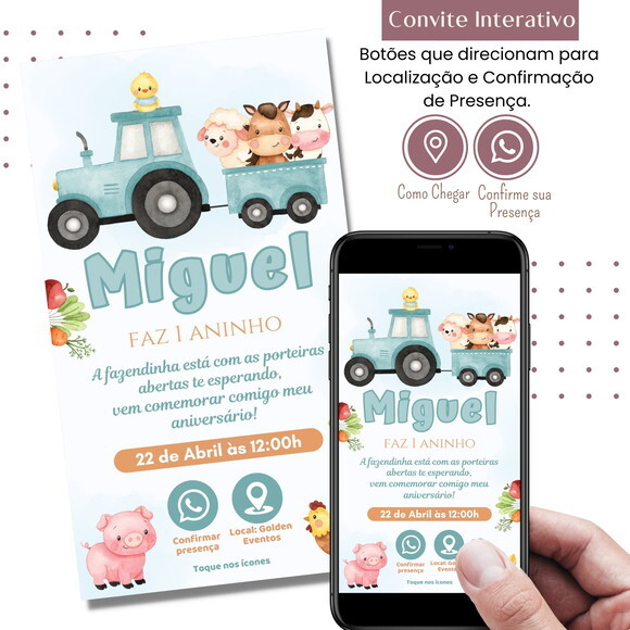 Convite Fazendinha Menino Digital Interativo Virtual