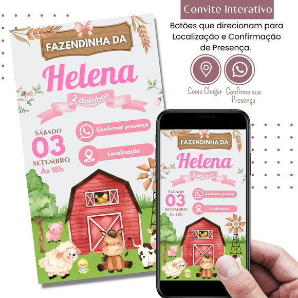 Convite Fazendinha Rosa Bichinhos Digital Interativo