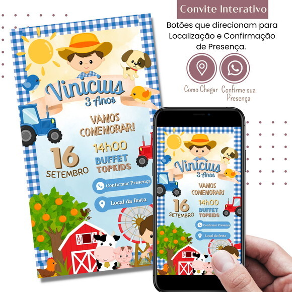 Convite Fazendinha Menino Digital Interativo Virtual