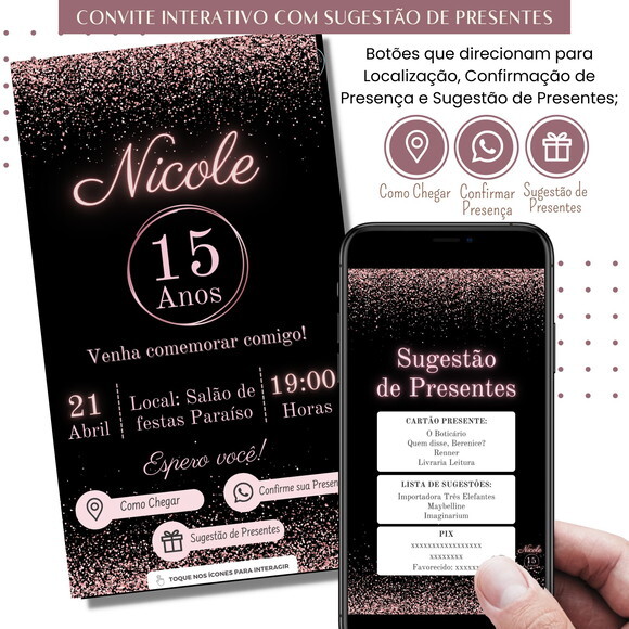 Convite Feminino Rosa 15 Anos Digital Sugestão de Presente
