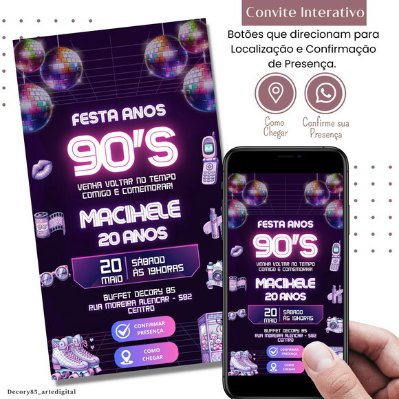 Convite Festa Anos 90 80 Flashback Interativo Digital