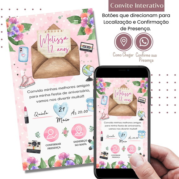 Convite Floral Flores Menina Boho Interativo Digital