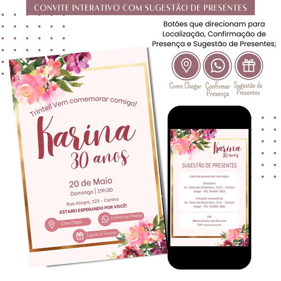 Convite Floral Feminino Digital Virtual Sugestão de Presente