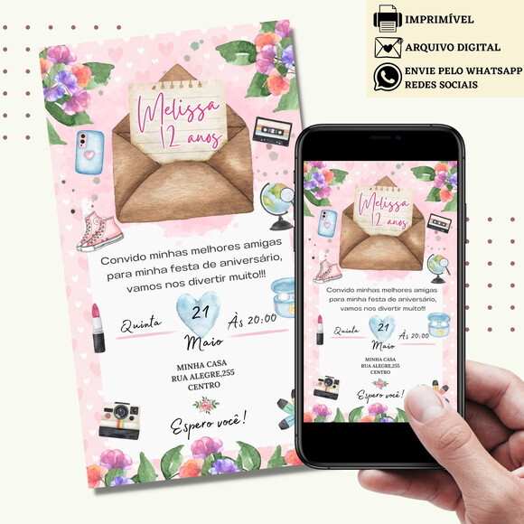 Convite Floral Flores Menina Boho Virtual Digital