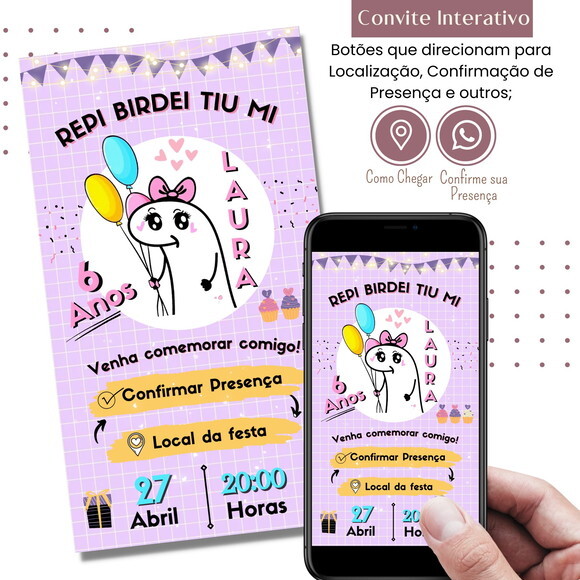 Convite Flork Bonequinho Infantil Digital Interativo Virtual