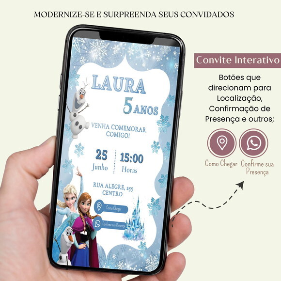 Convite Frozen Elsa e Anna Digital Interativo Virtual