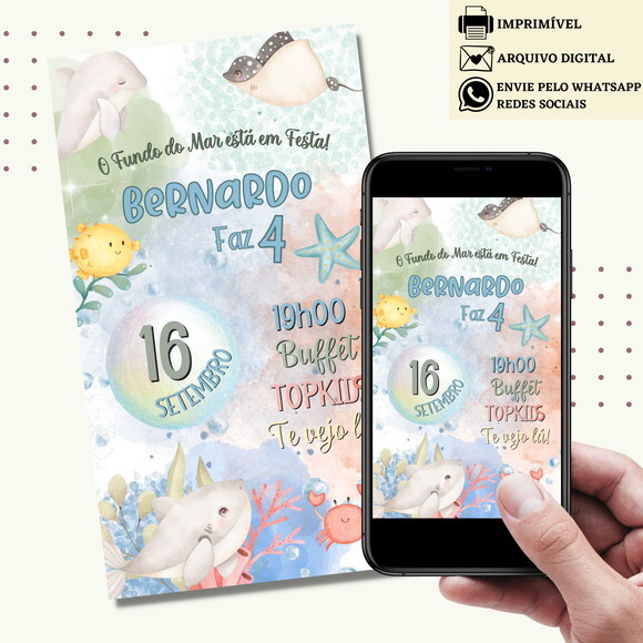 Convite Fundo do Mar Digital Aquarela Virtual