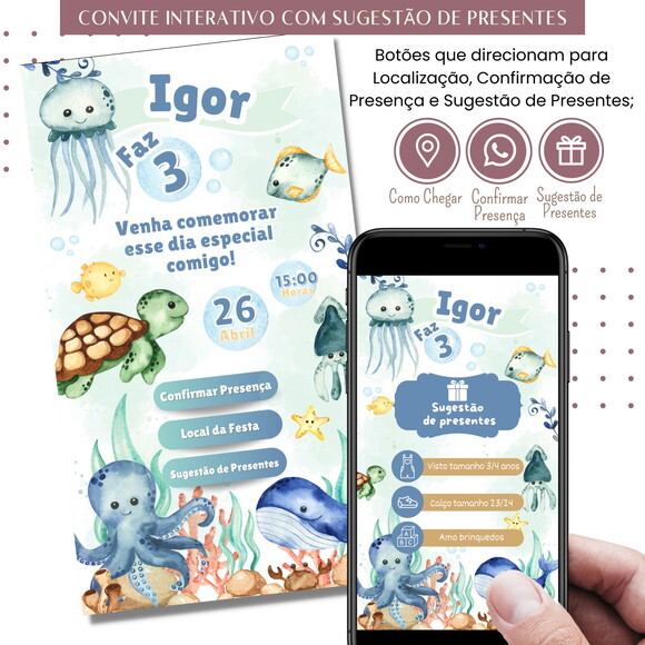 Convite Fundo do Mar Digital Interativo Sugestão de Presente
