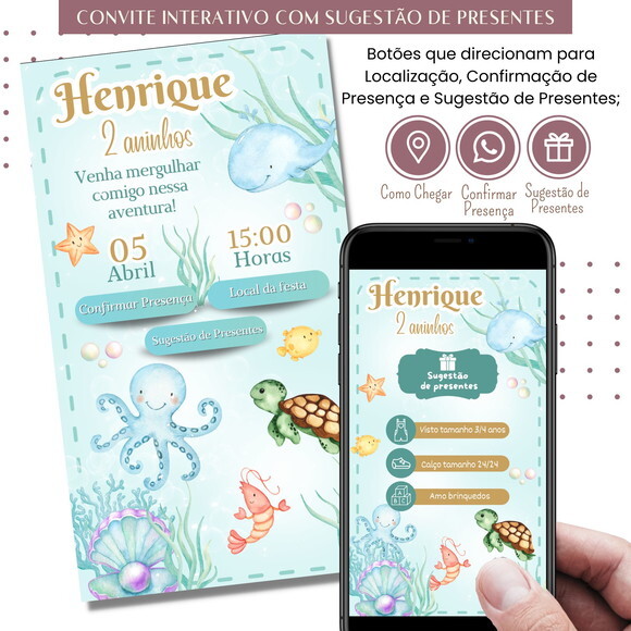 Convite Fundo do Mar Digital Interativo Sugestão de Presente