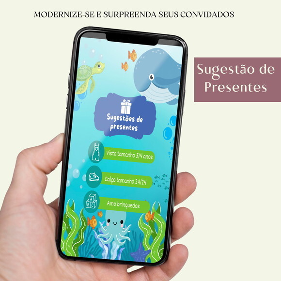 Convite Fundo do Mar Digital Interativo Sugestão de Presente