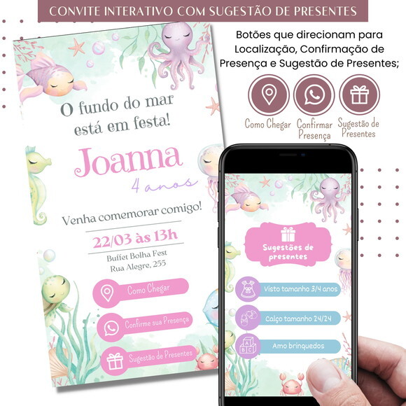 Convite Fundo do Mar Digital Interativo Sugestão de Presente