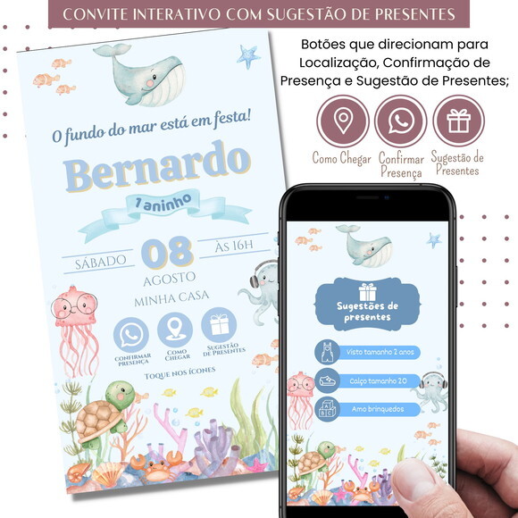 Convite Fundo do Mar Digital Interativo Sugestão de Presente