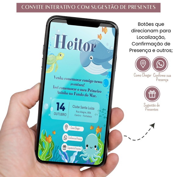 Convite Fundo do Mar Digital Interativo Sugestão de Presente