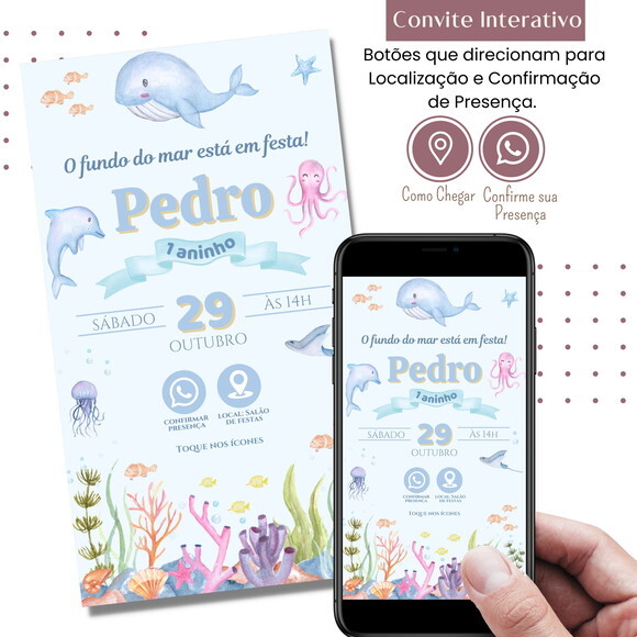 Convite Fundo do Mar Digital Interativo Virtual Aniversário