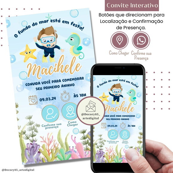 Convite Fundo do Mar Digital Interativo Virtual Menino