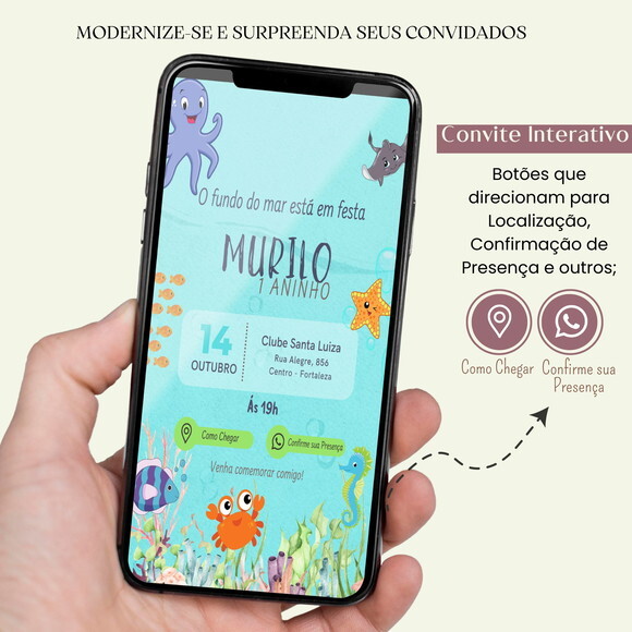 Convite Fundo do Mar Digital Interativo Virtual Aniversário