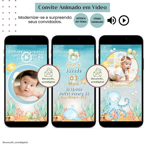 Convite Fundo do Mar em Vídeo Animado com Música Digital