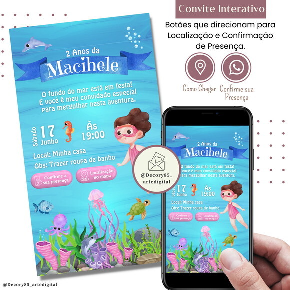 Convite Fundo do Mar Menina Digital Interativo Virtual