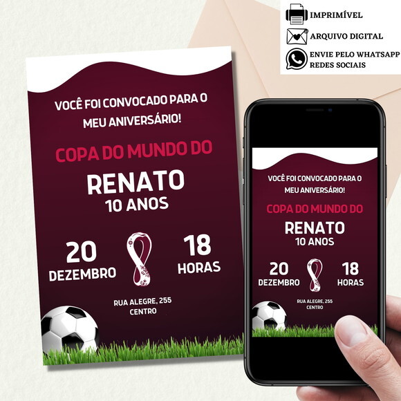 Convite Futebol Copa do Mundo Digital Virtual Aniversário