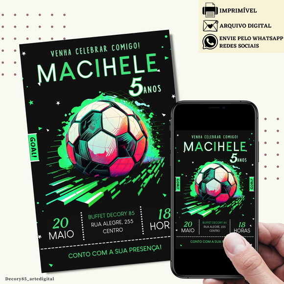 Convite Futebol Neon Digital Virtual Aniversário