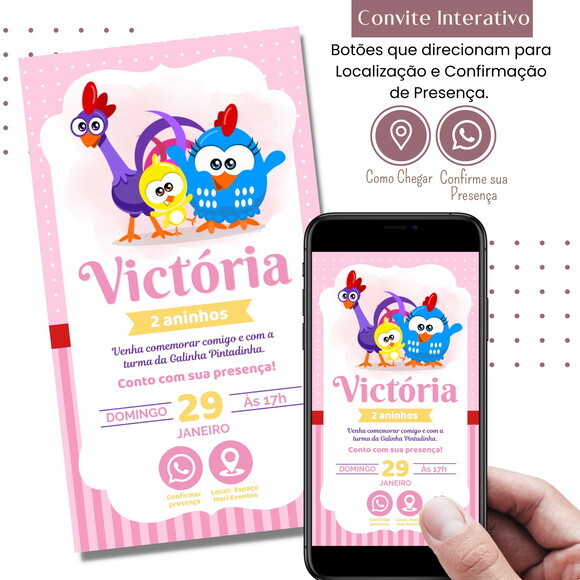 Convite Galinha Pintadinha Rosa Digital Interativo Virtual