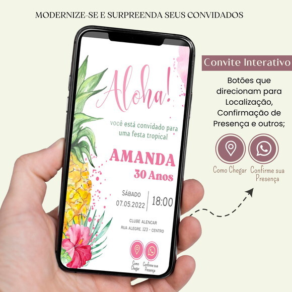 Convite Havai Tropical 15,20,30,40 Anos Digital Interativo