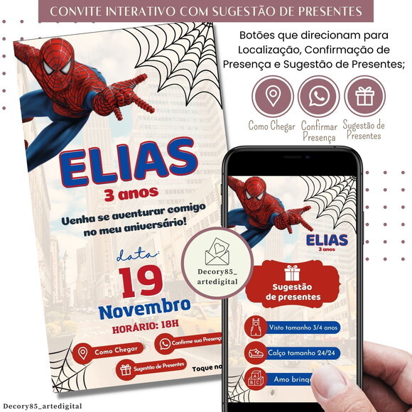 Convite Homem Aranha Spider Man Digital Sugestão de Presente