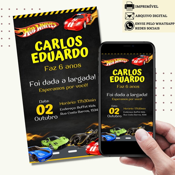 Convite Hot Wheels Digital Carros Virtual Aniversário