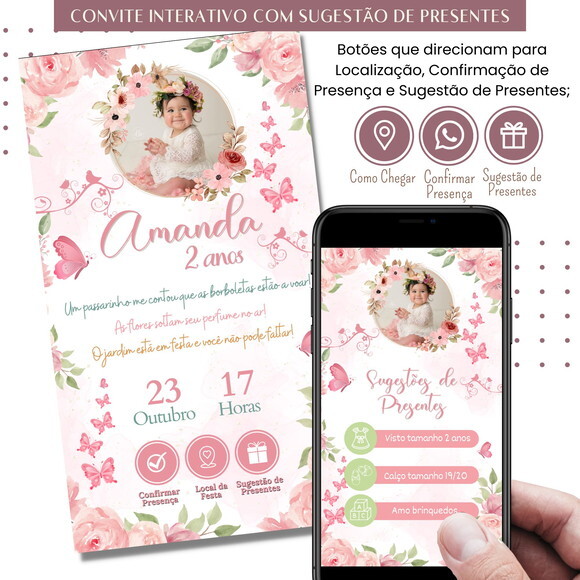 Convite Jardim Encantado Flores Digital Sugestão de Presente