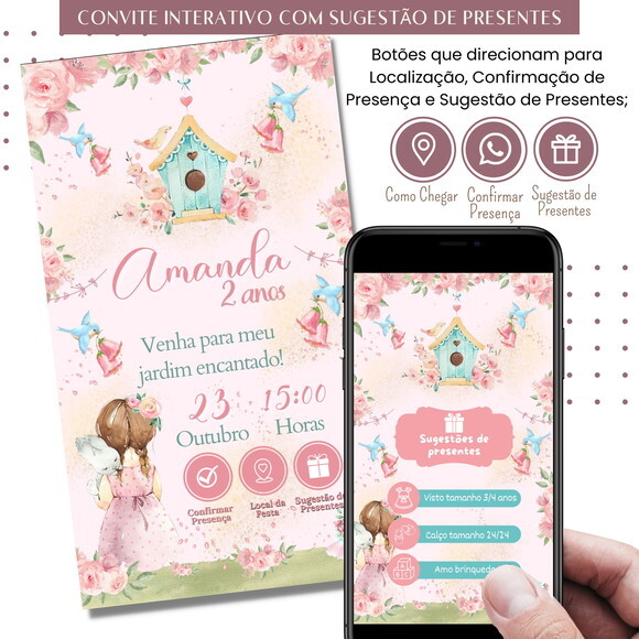 Convite Jardim Encantado Flores Digital Sugestão de Presente