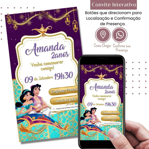 Convite Jasmine Aladdin Digital Interativo Virtual