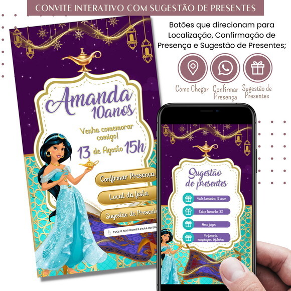 Convite Jasmine Digital Interativo Sugestão de Presente