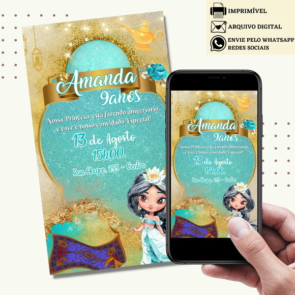Convite Jasmine Aquarela Digital Virtual Princesa