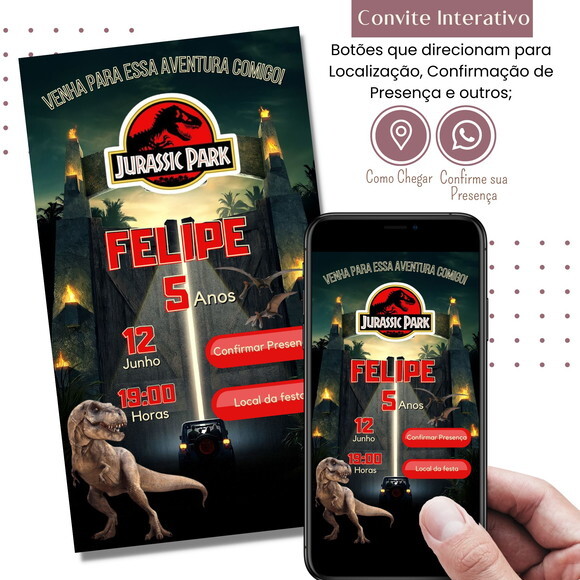 Convite Jurassic Park Dinossauros Digital Interativo Virtual