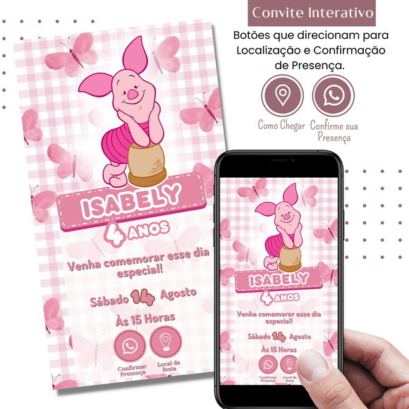 Convite Leitão Ursinho Pooh Puff Digital Interativo Virtual