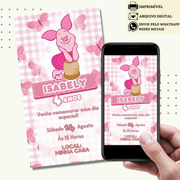 Convite Leitão Ursinho Pooh Puff Digital Virtual