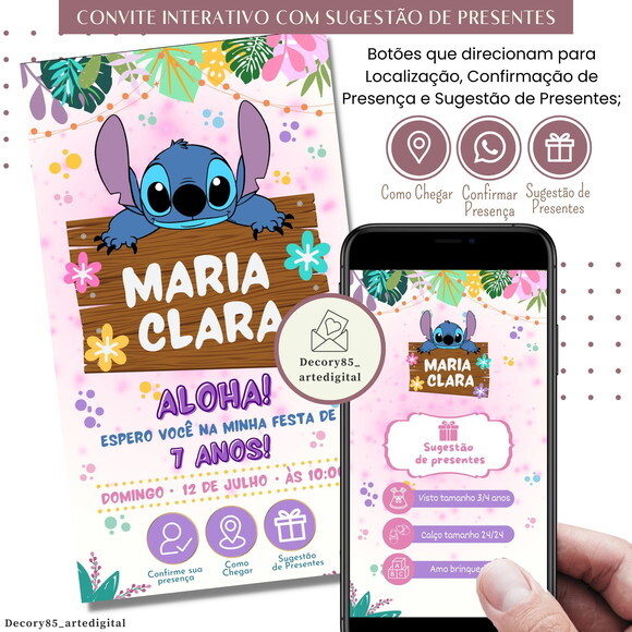 Convite Lilo & Stitch Digital Sugestão de Presente