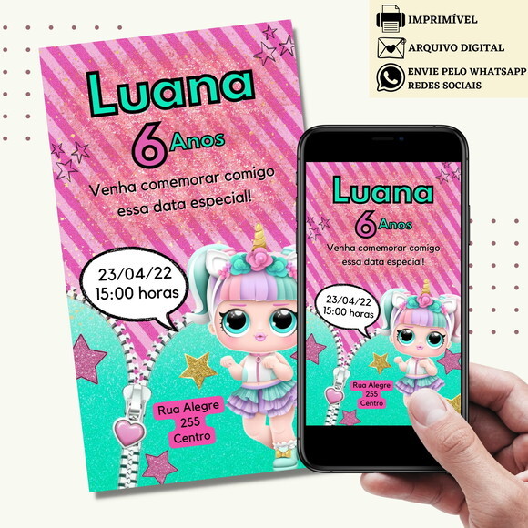 Convite Lol Surprise Unicórnio Digital Virtual
