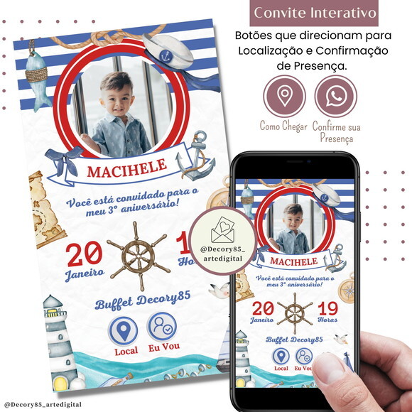 Convite Marinheiro Náutico Digital Interativo Virtual