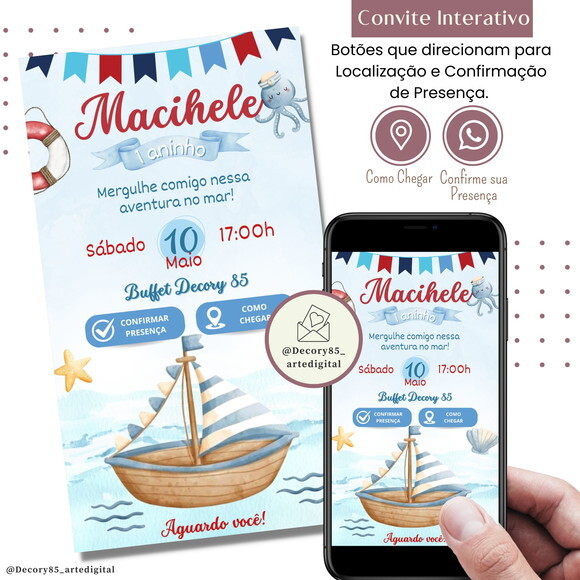 Convite Marinheiro Náutico Digital Interativo Virtual