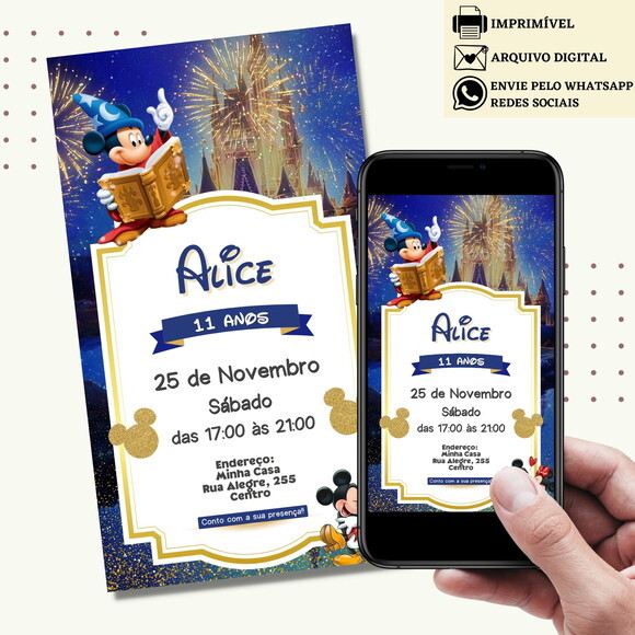 Convite Mickey Aprendiz de Feiticeiro Fantasia Digital