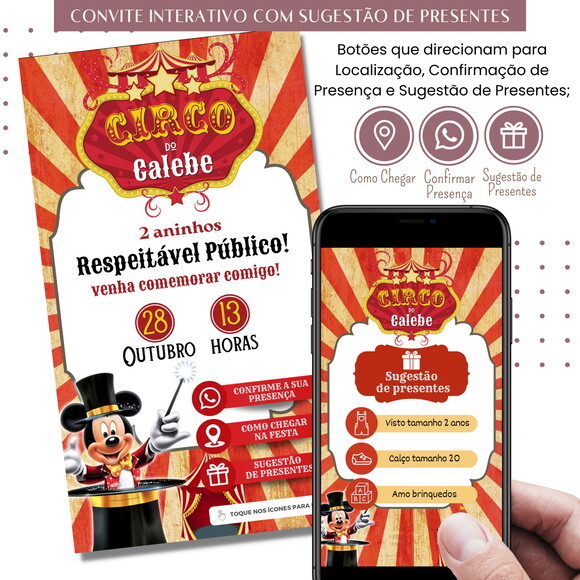 Convite Mickey Circo Digital Virtual Sugestão de Presente