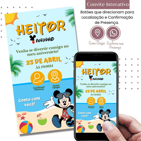 Convite Mickey Praia Pool Party Digital Interativo Virtual